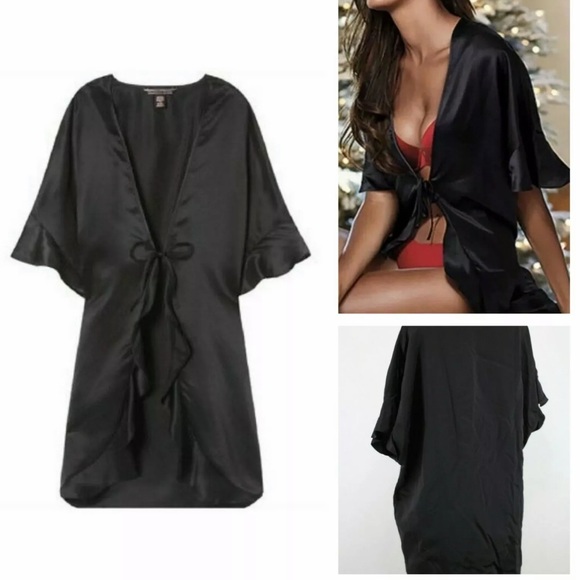 🔥SALE🔥VS Black Satin Ruffle Kimono Robe - Picture 1 of 10